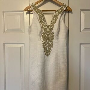 Lilly Pulitzer White Midi Dress with Gold Embellished V-Neck